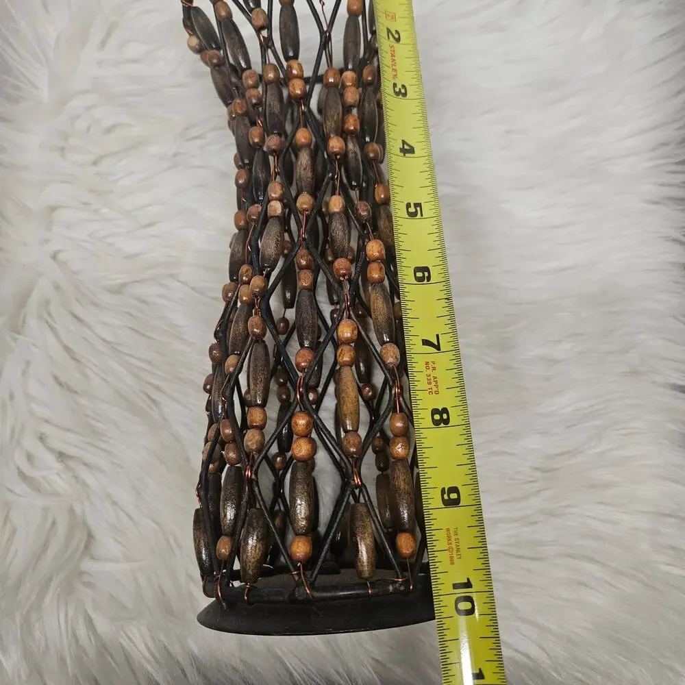 Vintage Brown Beaded Wood Vase - Boho Decorative Core for Faux Flowers - 10